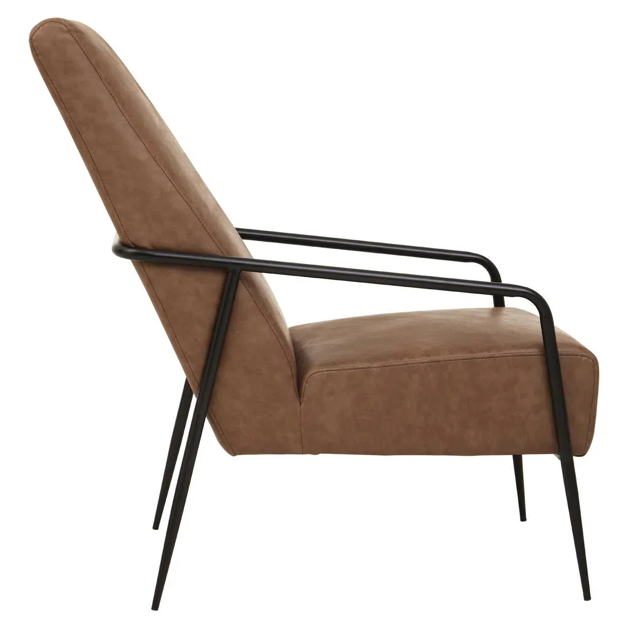 Brown accent chair with faux leather upholstery and black metal frame, side view