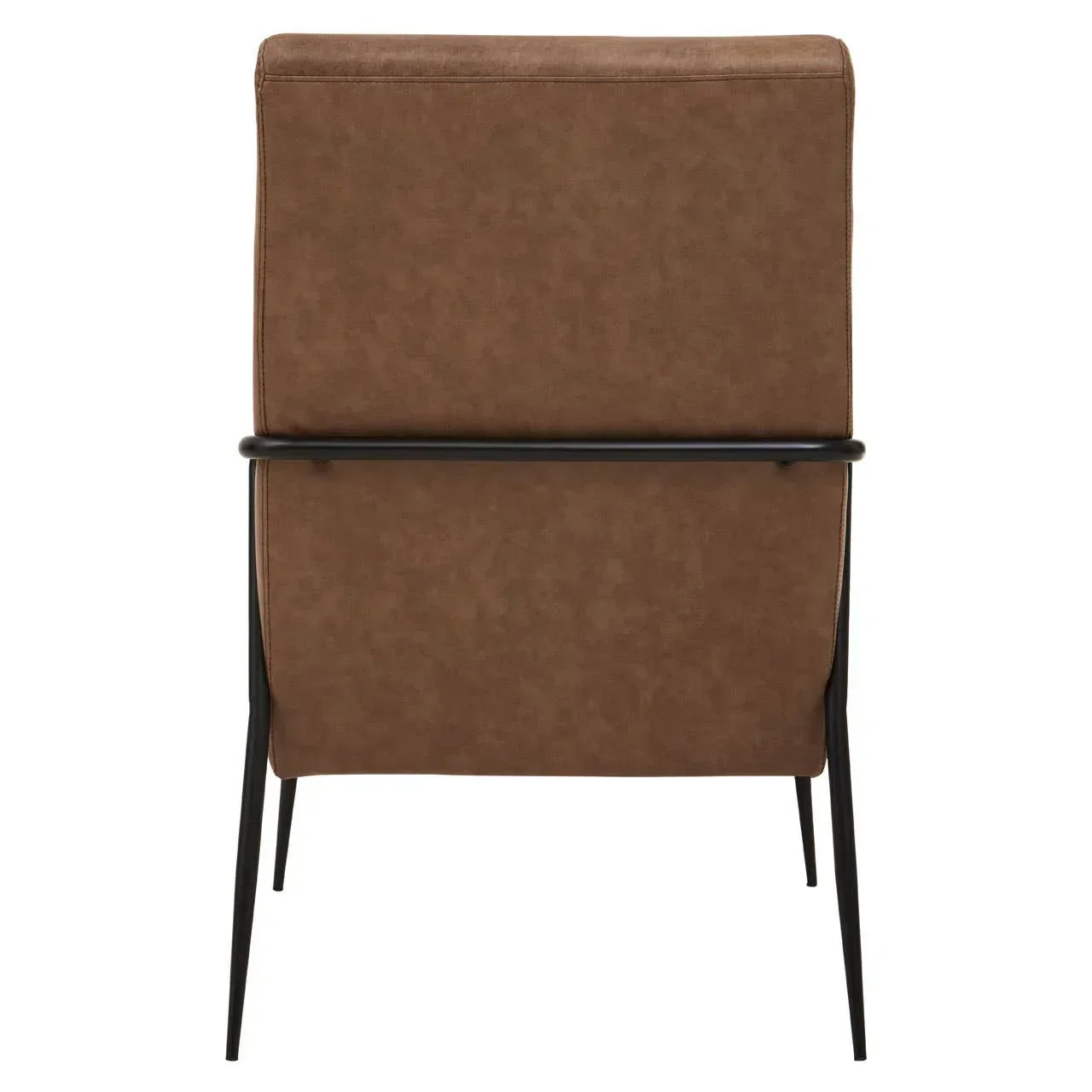 Brown accent chair with black metal legs and frame, rear view highlighting upholstery
