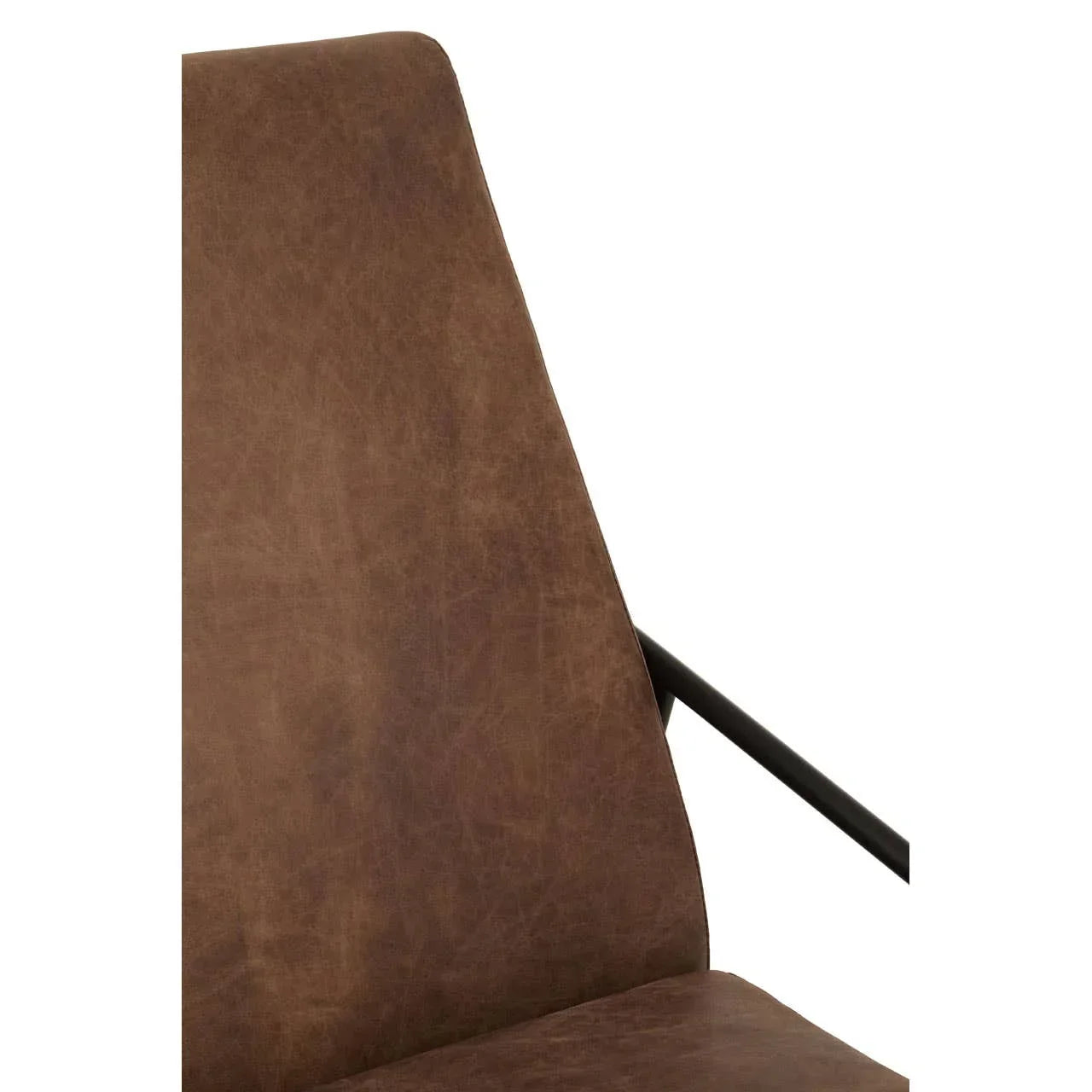 Brown faux leather accent chair with black metal armrest, close-up of seat and backrest