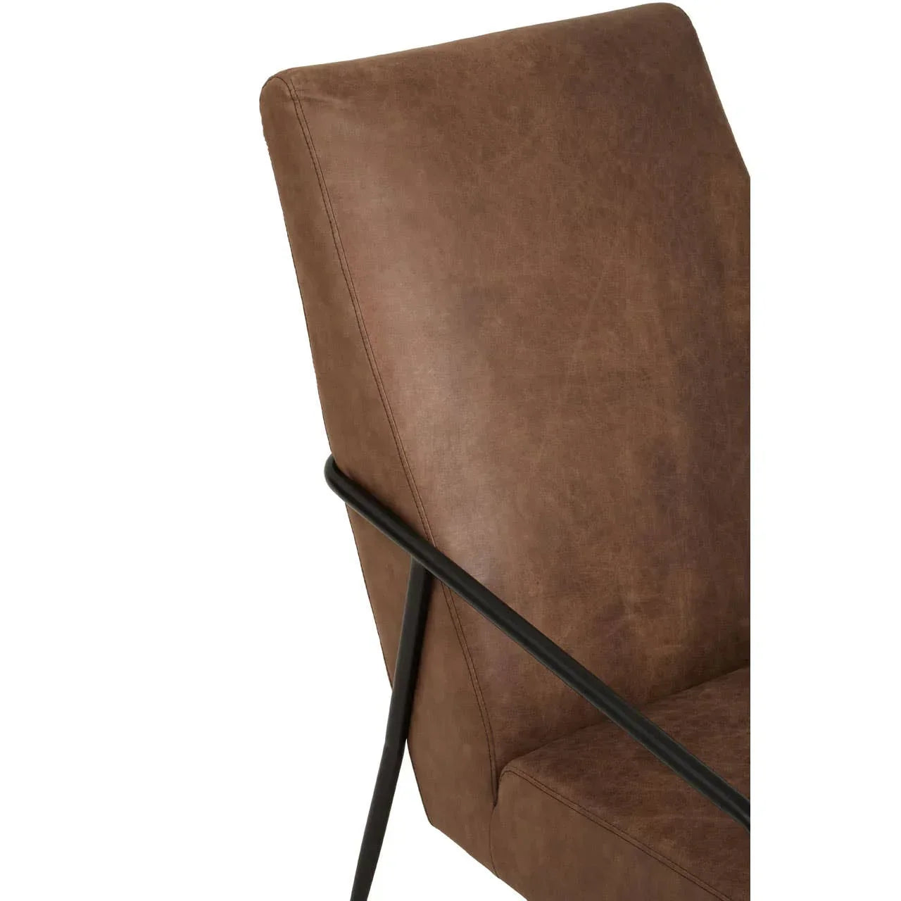 Brown leather chair backrest and black metal armrest close-up