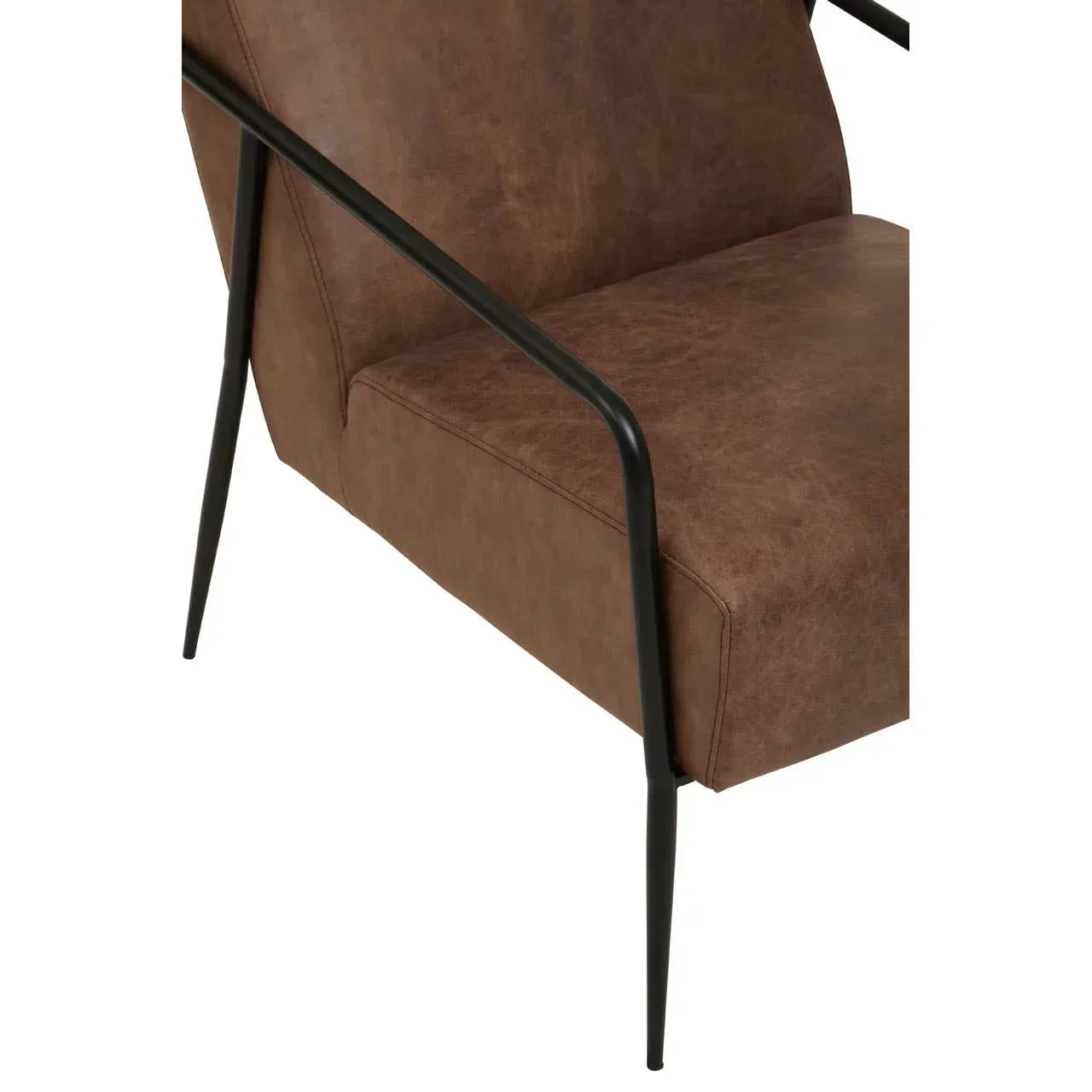 Brown faux leather armchair with black metal frame, close-up of seat and armrest