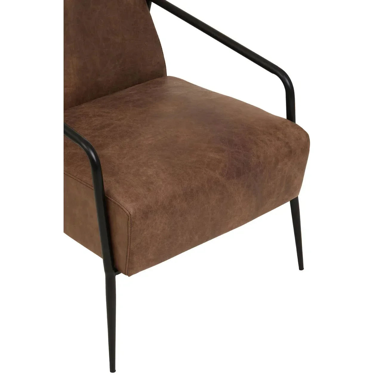Brown leather armchair seat with black metal legs and slim armrests, front angle