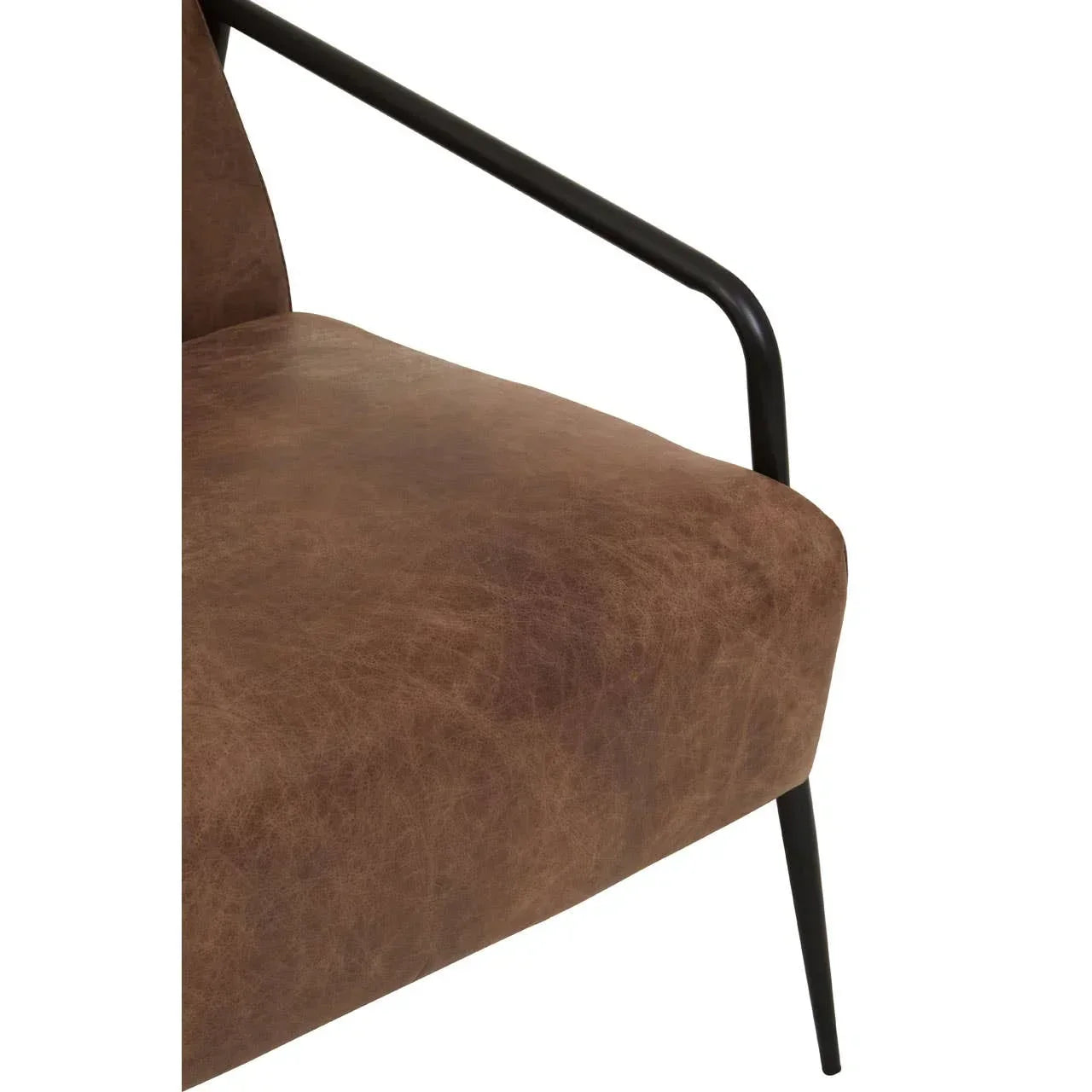 Brown leather accent chair with black metal armrest and slim leg, side angle