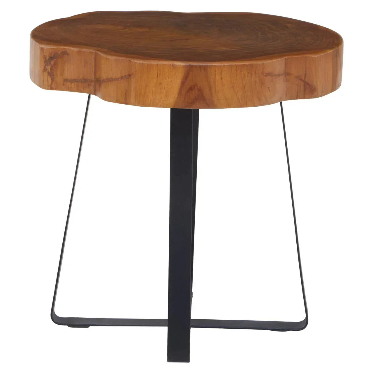 Solid wood side table with natural edge top and black metal legs, front view