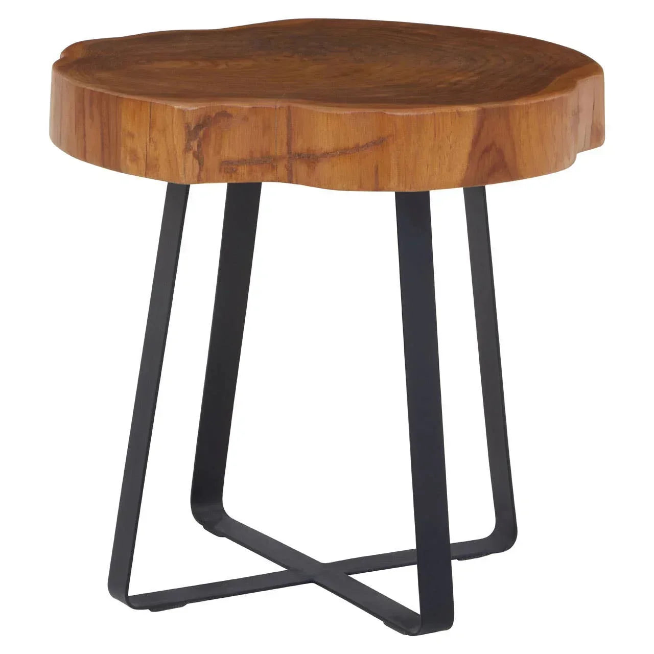 Wooden side table with live edge top and black metal legs