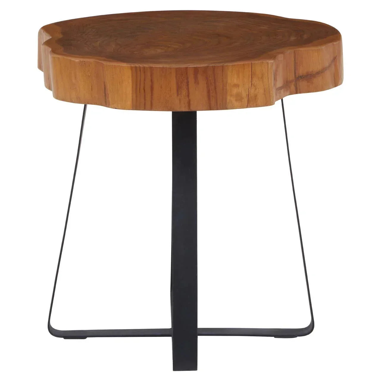 Live edge wooden side table with black metal legs, straight front view