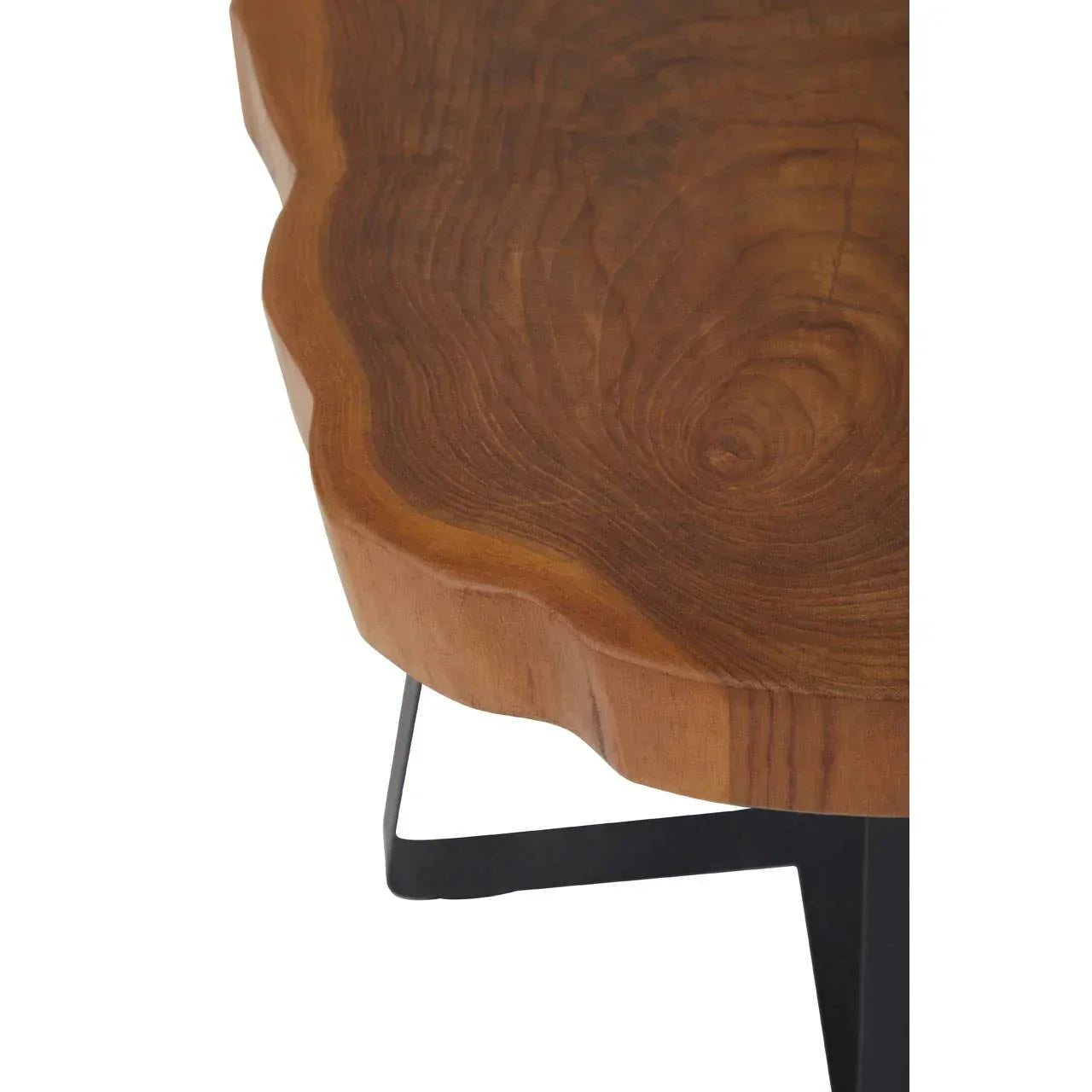 Live edge wooden coffee table with natural grain detail and black metal legs