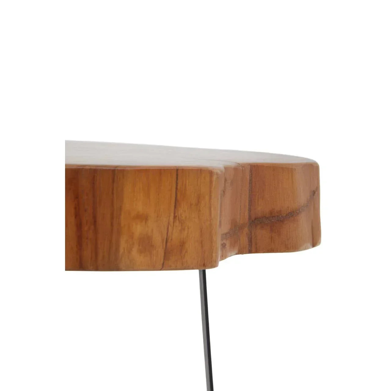 Live edge wooden tabletop with natural grain and slim black metal leg visible