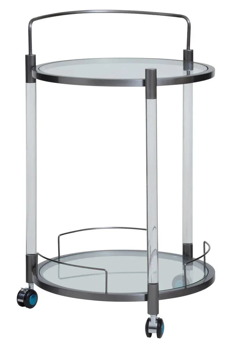 Round glass drinks trolley with chrome frame and wheels, two tiers, modern style