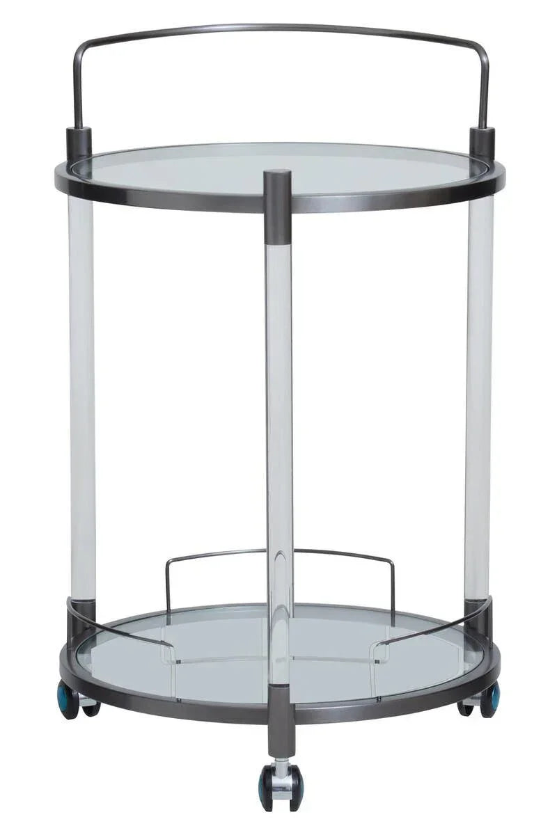 Round glass serving trolley with chrome frame, two tiers and caster wheels