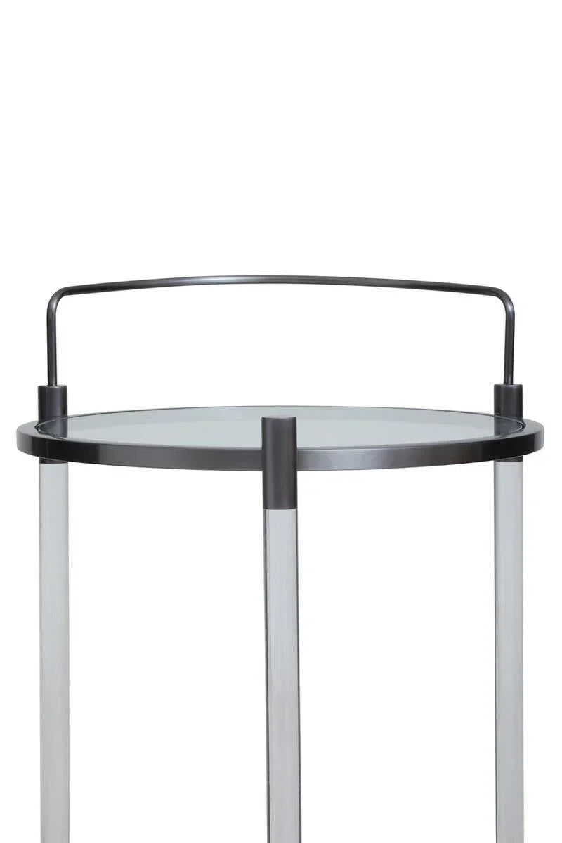 Modern round side table with glass top and black metal frame, front view