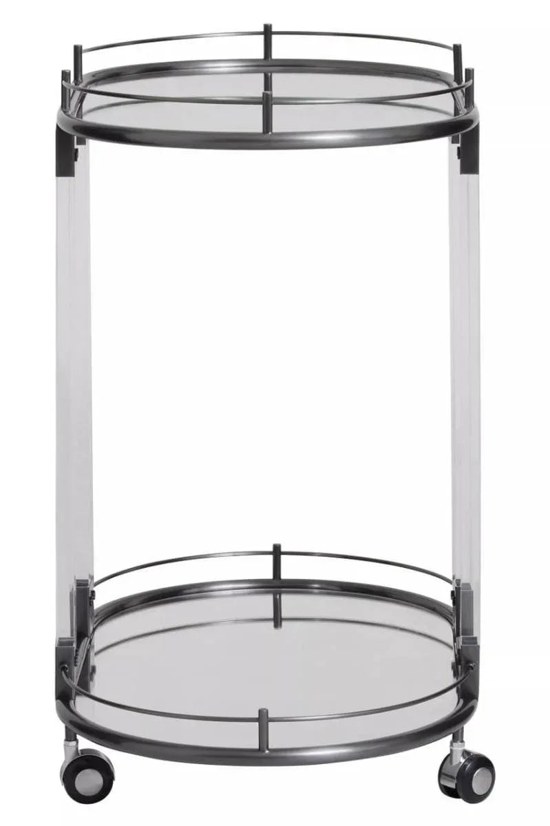 Round glass drinks trolley with chrome frame, clear shelves and four caster wheels