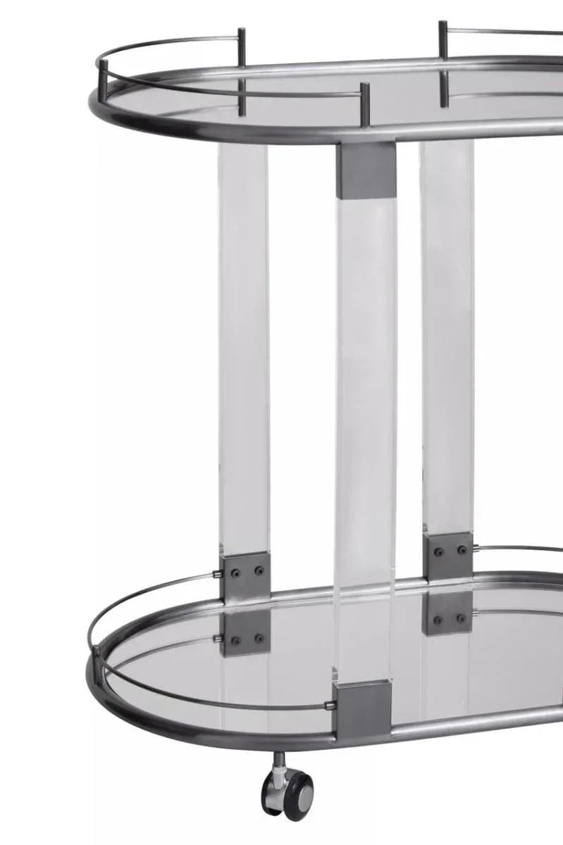 Modern glass drinks trolley with chrome frame and caster wheels, side view