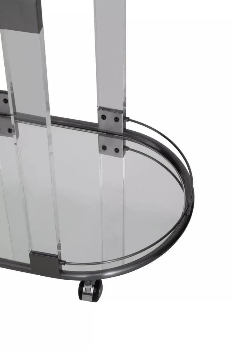 Glass and chrome bar trolley with acrylic legs and visible swivel caster wheel