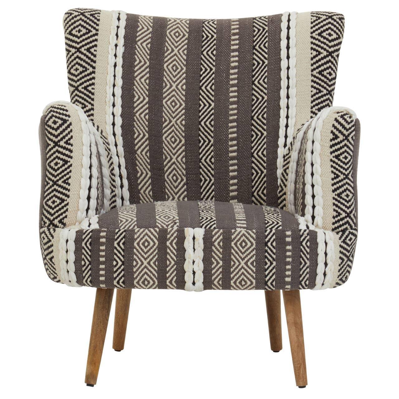 Patterned accent armchair with geometric upholstery and wooden legs front view