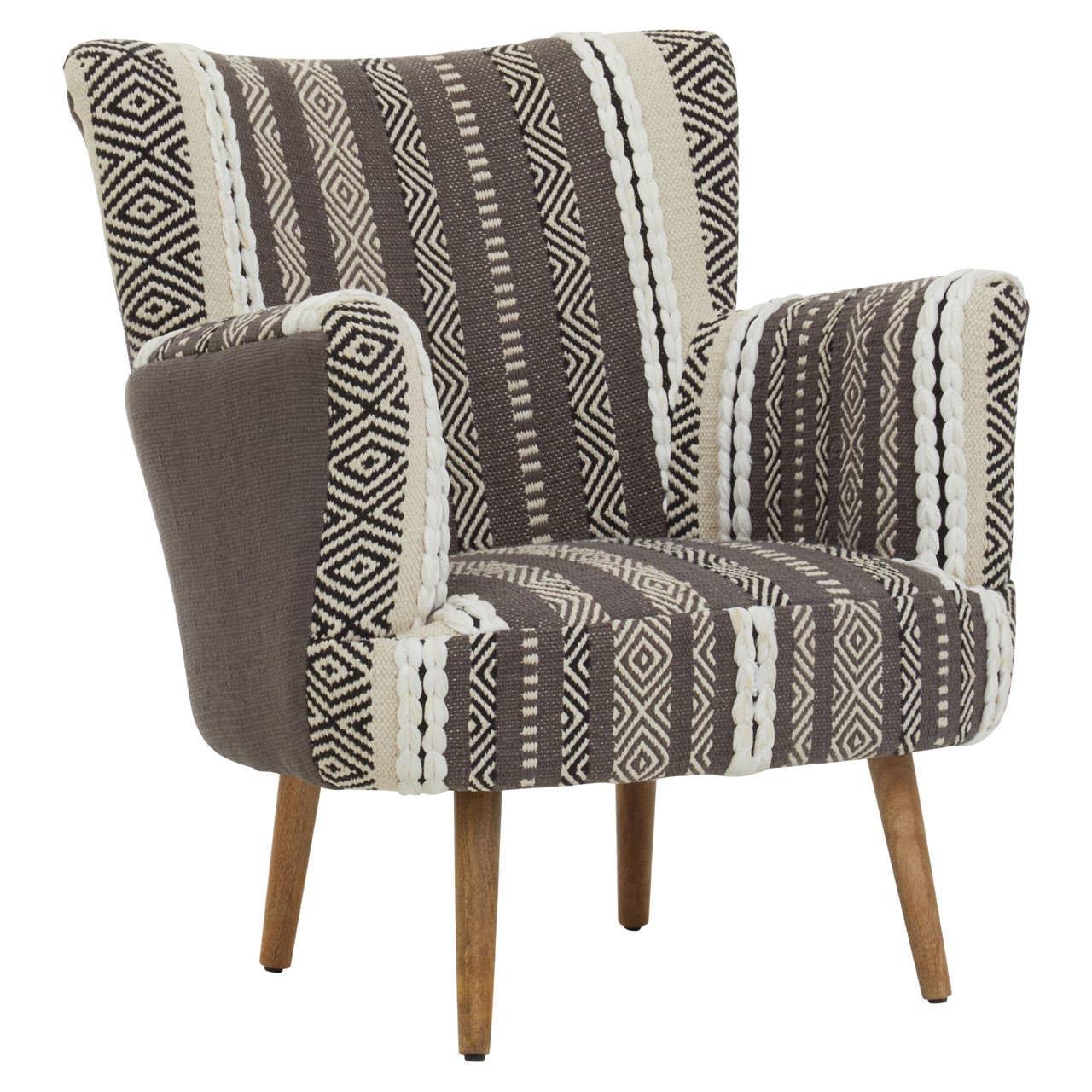 Patterned fabric accent chair with wooden legs in brown, cream and black geometric design