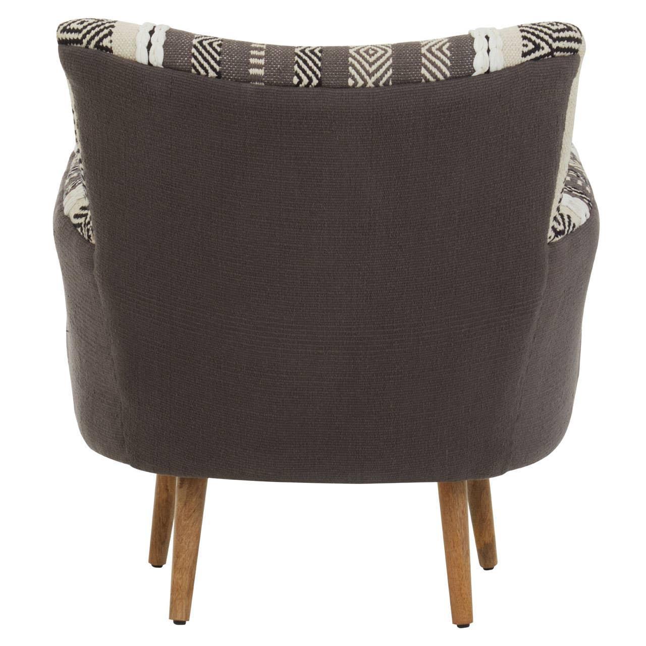 Back view of modern accent chair with dark upholstery and wooden legs