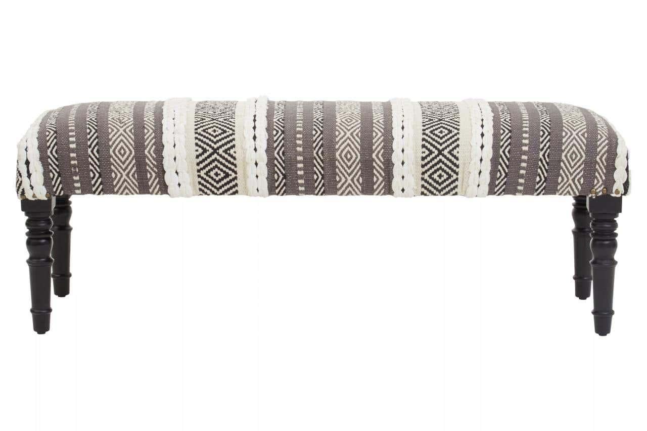 Patterned fabric bench with dark wooden legs, geometric and stripe design upholstery