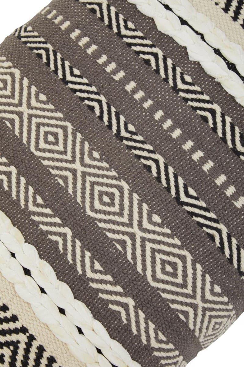 Geometric patterned cushion cover with woven zigzag and diamond designs in grey and cream