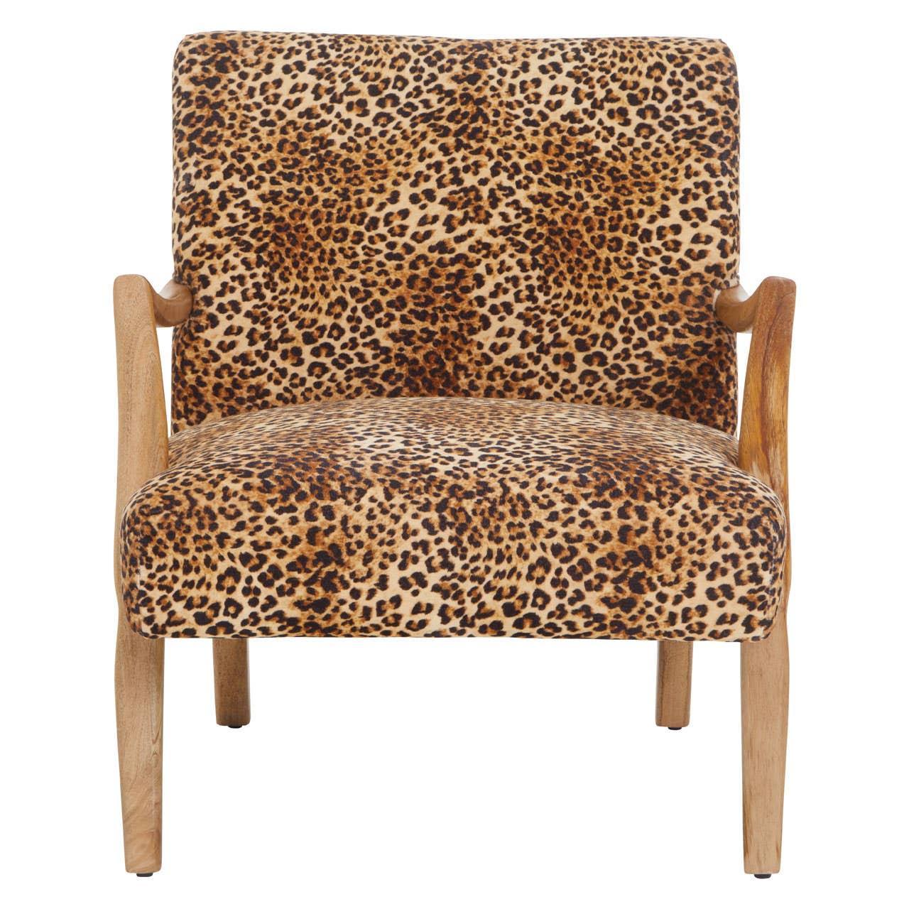 Leopard print accent chair with wooden arms and legs, front view