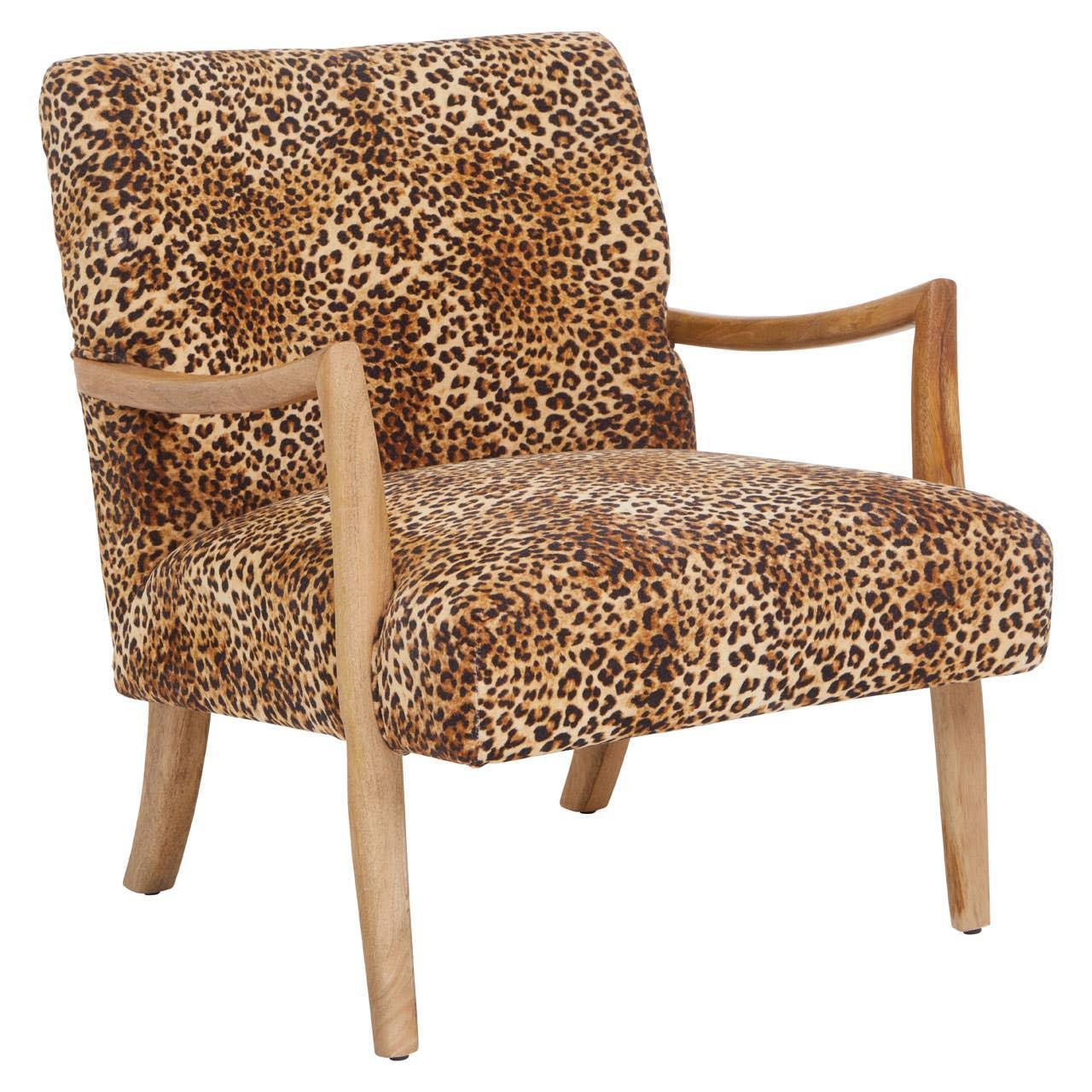 Leopard print accent chair with wooden arms and legs, angled front view
