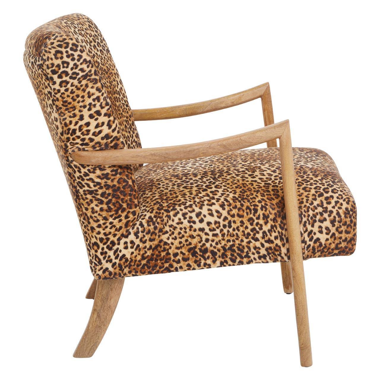 Leopard print accent chair with wooden arms and legs, side profile view
