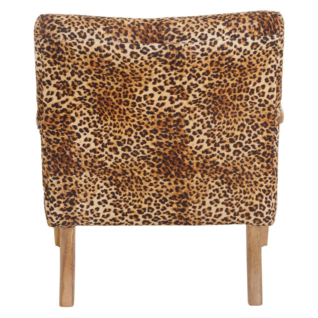 Leopard print accent chair with wooden legs, rear view highlighting fabric pattern