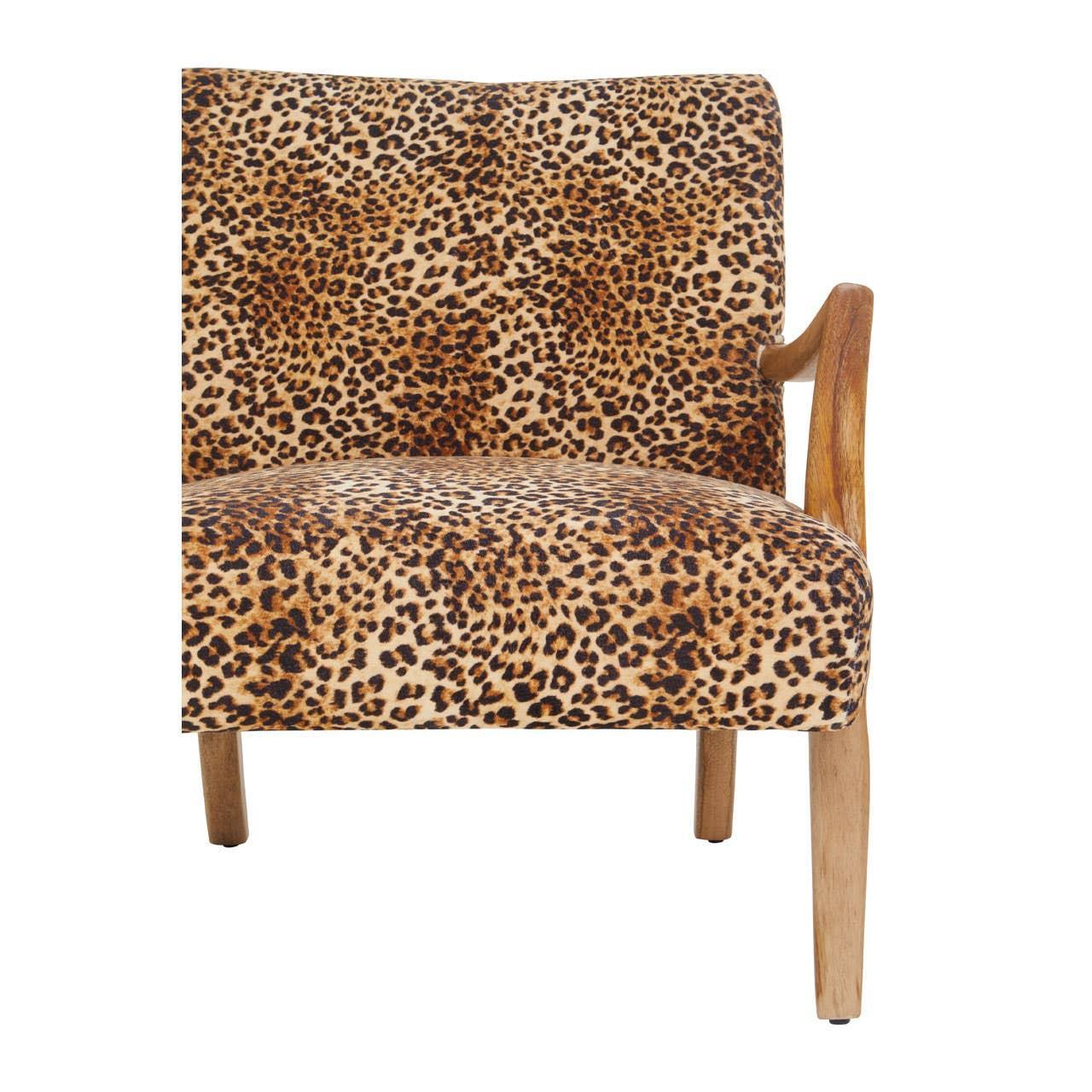 Leopard print armchair with wooden legs and side arm detail