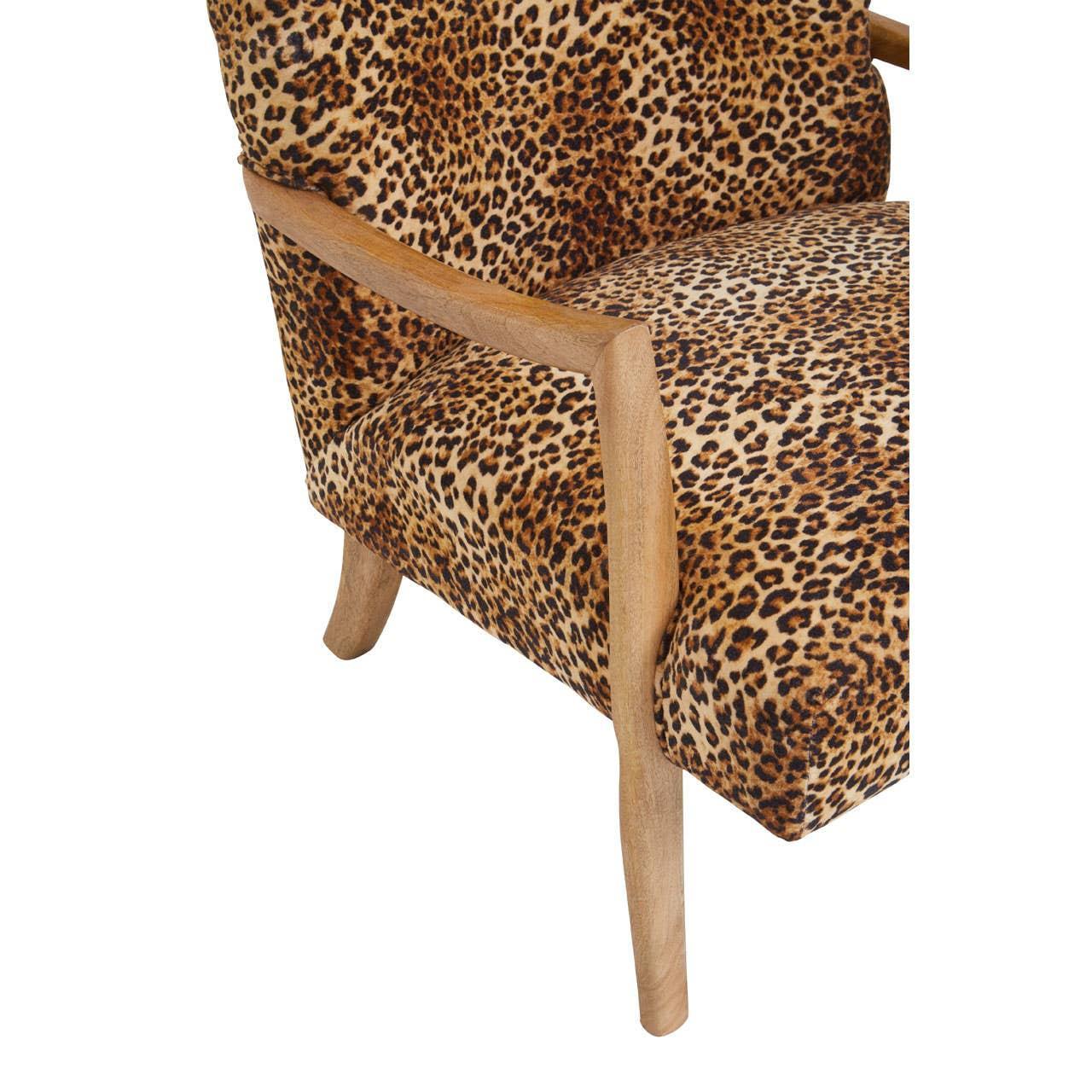 Leopard print accent chair with wooden arms and legs, close-up side view