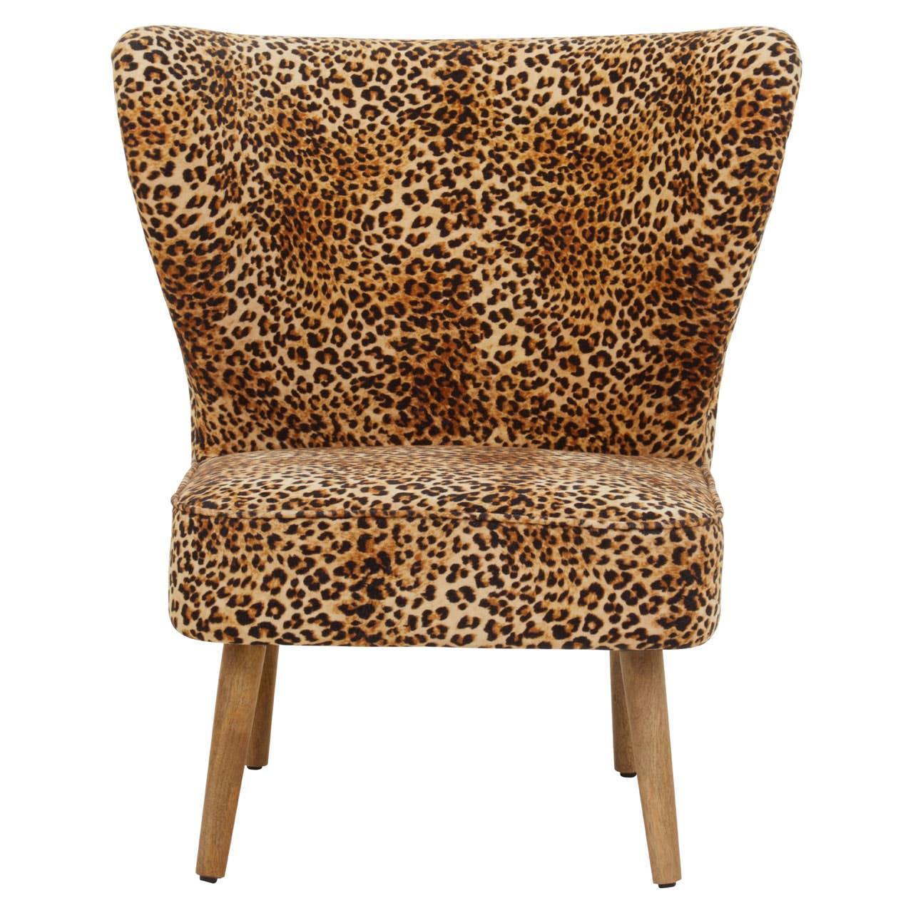 Leopard print accent chair with wooden legs, front view