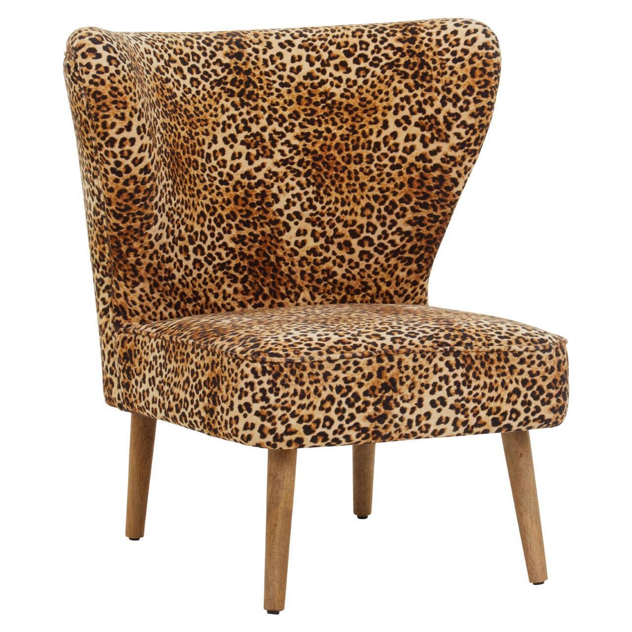 Leopard print accent chair with wooden legs and curved backrest