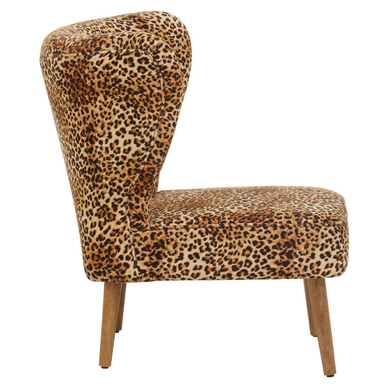 Leopard print accent chair with wooden legs side view