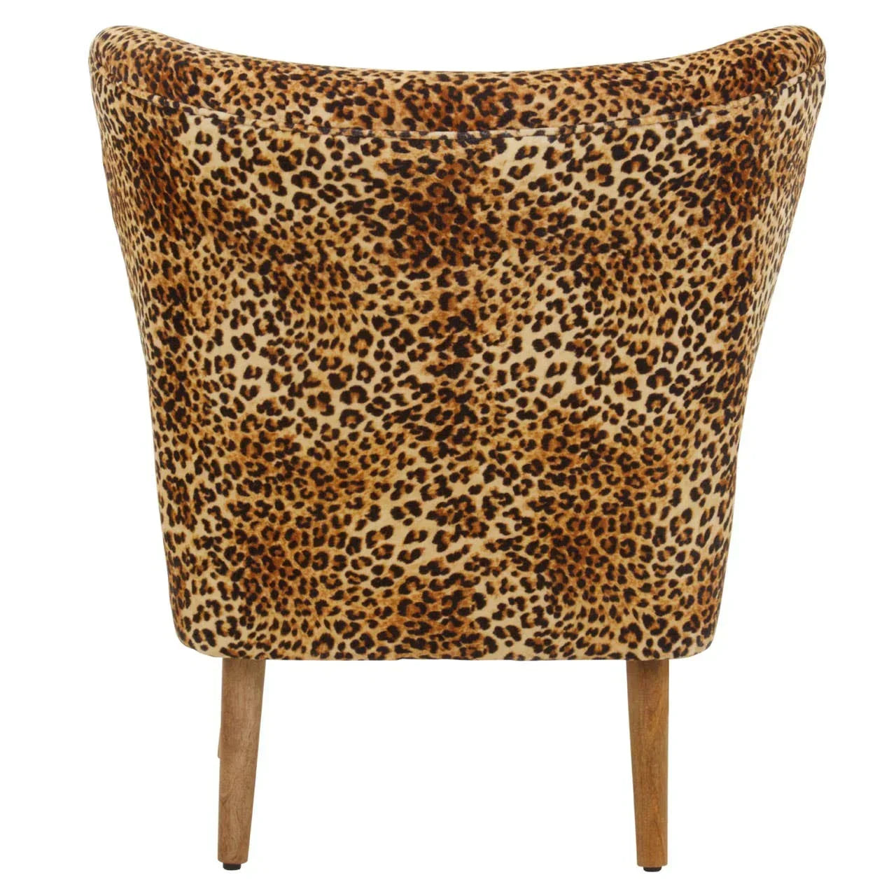 Leopard print accent chair with curved back and wooden legs, rear angle view