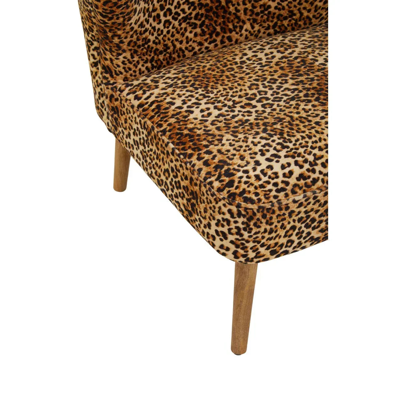 Leopard print accent chair with wooden legs, close view of seat and upholstery pattern