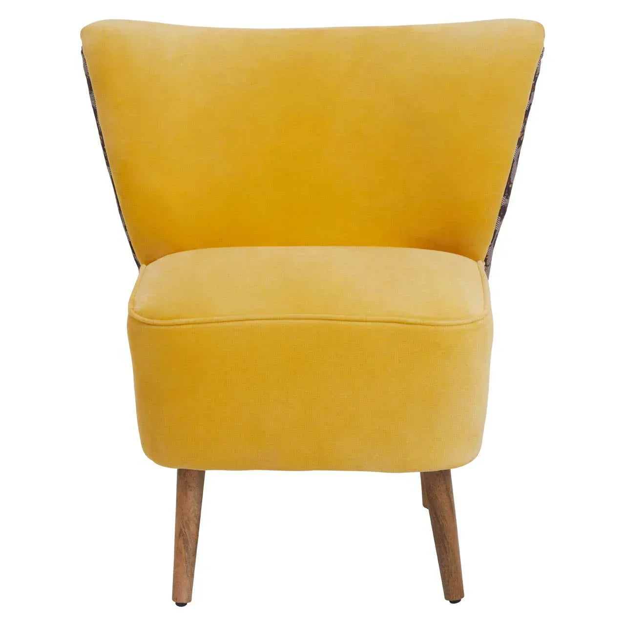 Yellow accent chair with wooden legs and curved backrest, front view