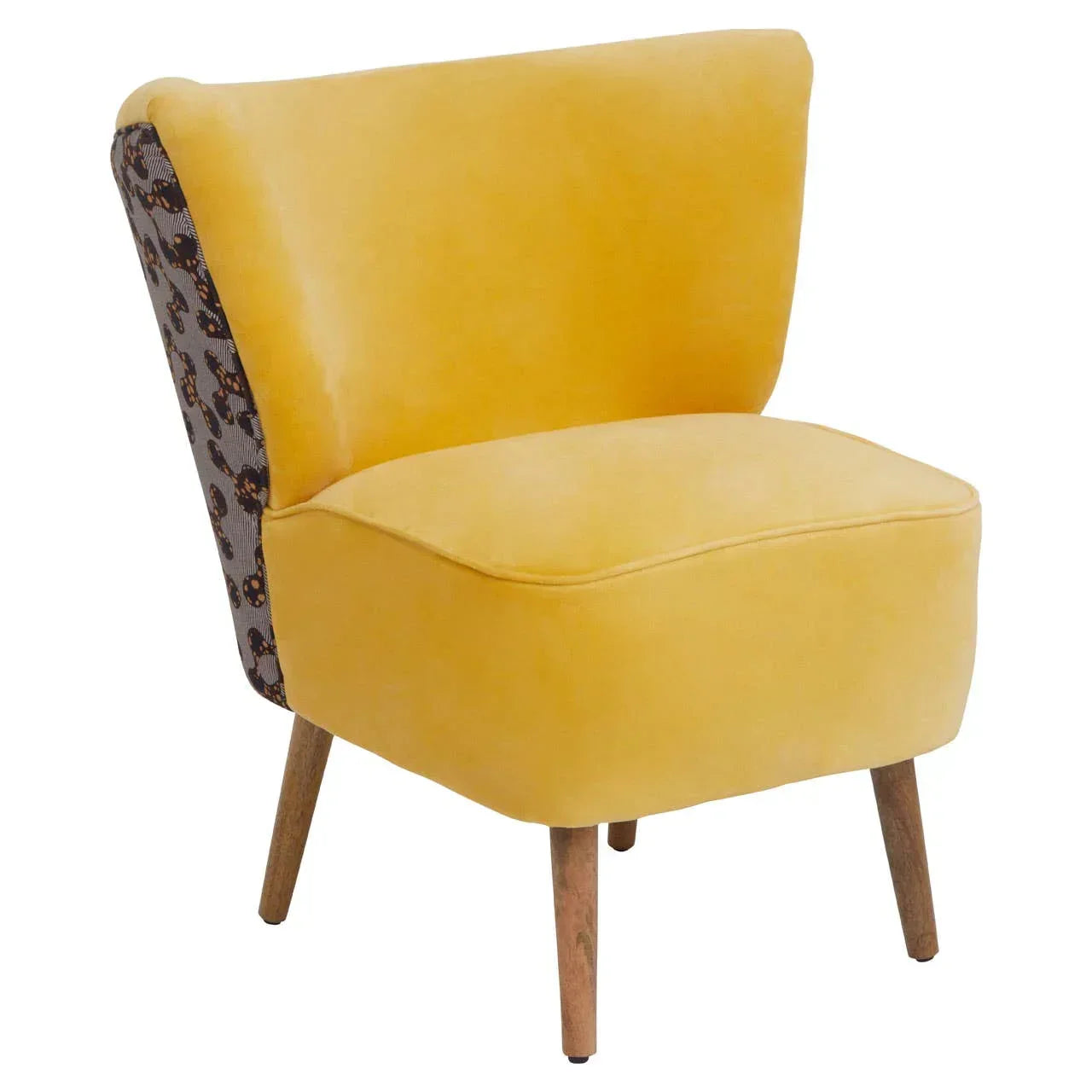 Yellow accent chair with patterned fabric backrest and wooden legs
