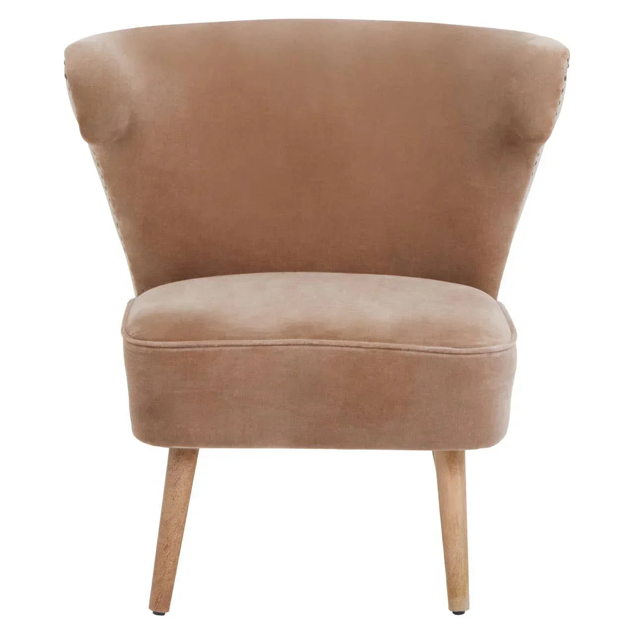 Tan velvet accent chair with curved backrest and wooden legs, front view