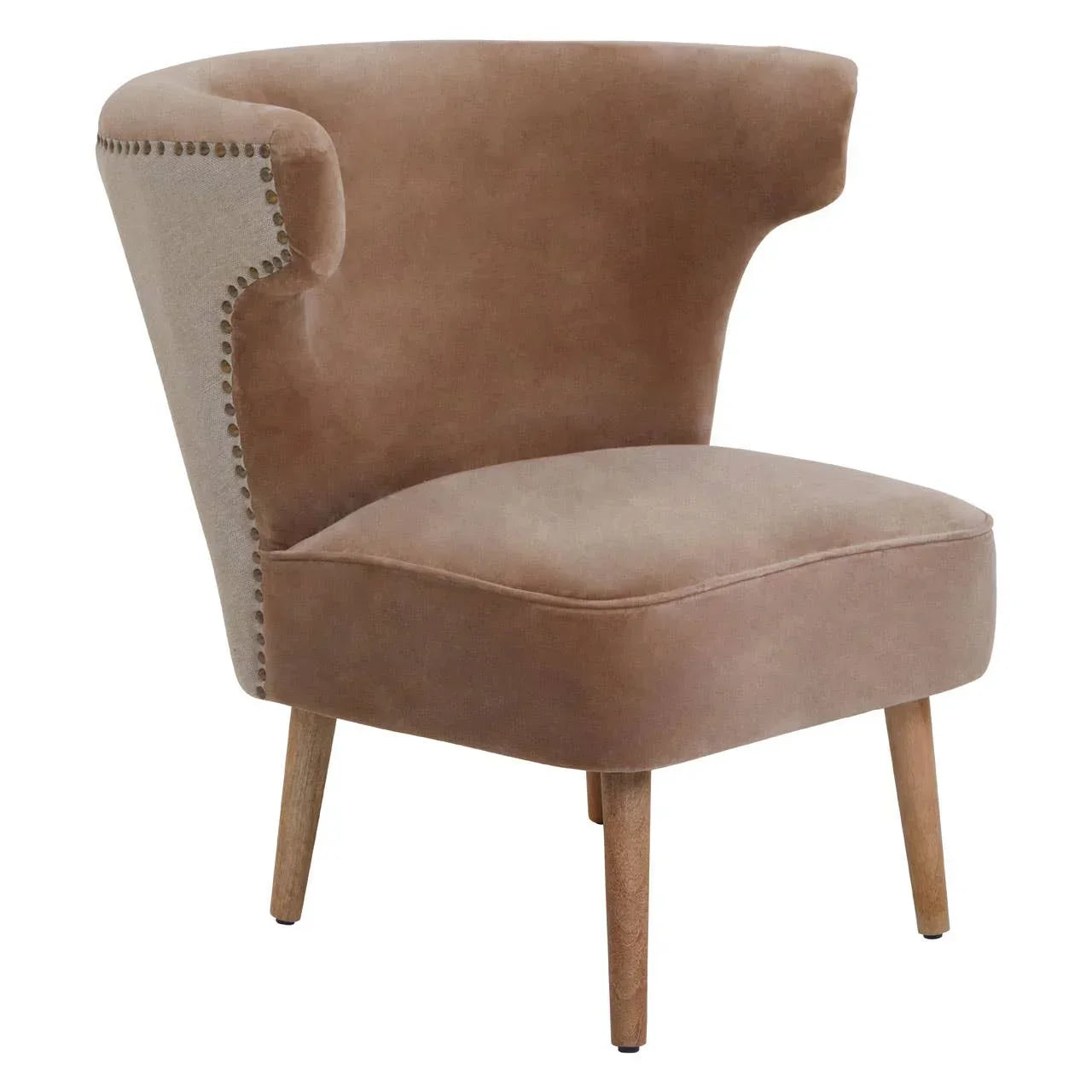 Brown velvet accent chair with flared back, nailhead trim, and wooden legs