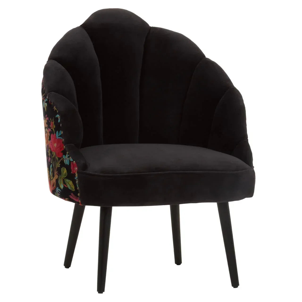 Black velvet accent chair with scalloped back and floral patterned sides
