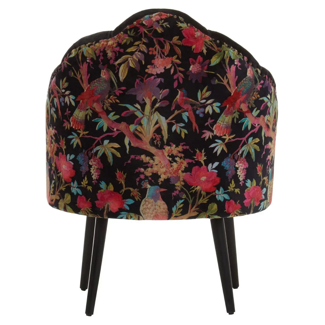 Velvet accent chair with black legs and floral bird pattern upholstery, rear view