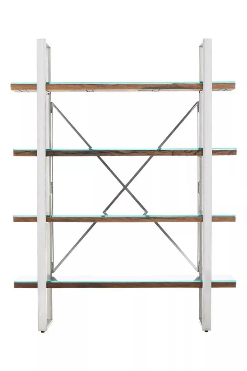 Modern shelving unit with glass shelves, wooden accents and metal frame, front view