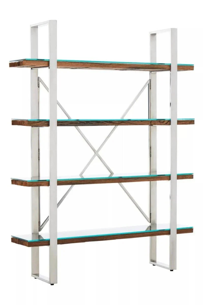 Modern glass and wood shelving unit with chrome frame and open back design