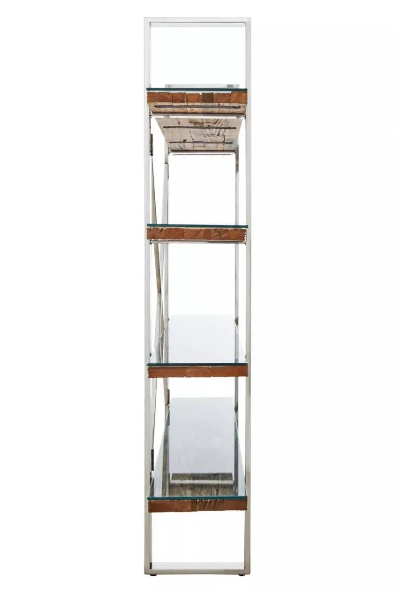 Side view of metal and wood shelving unit with glass shelves