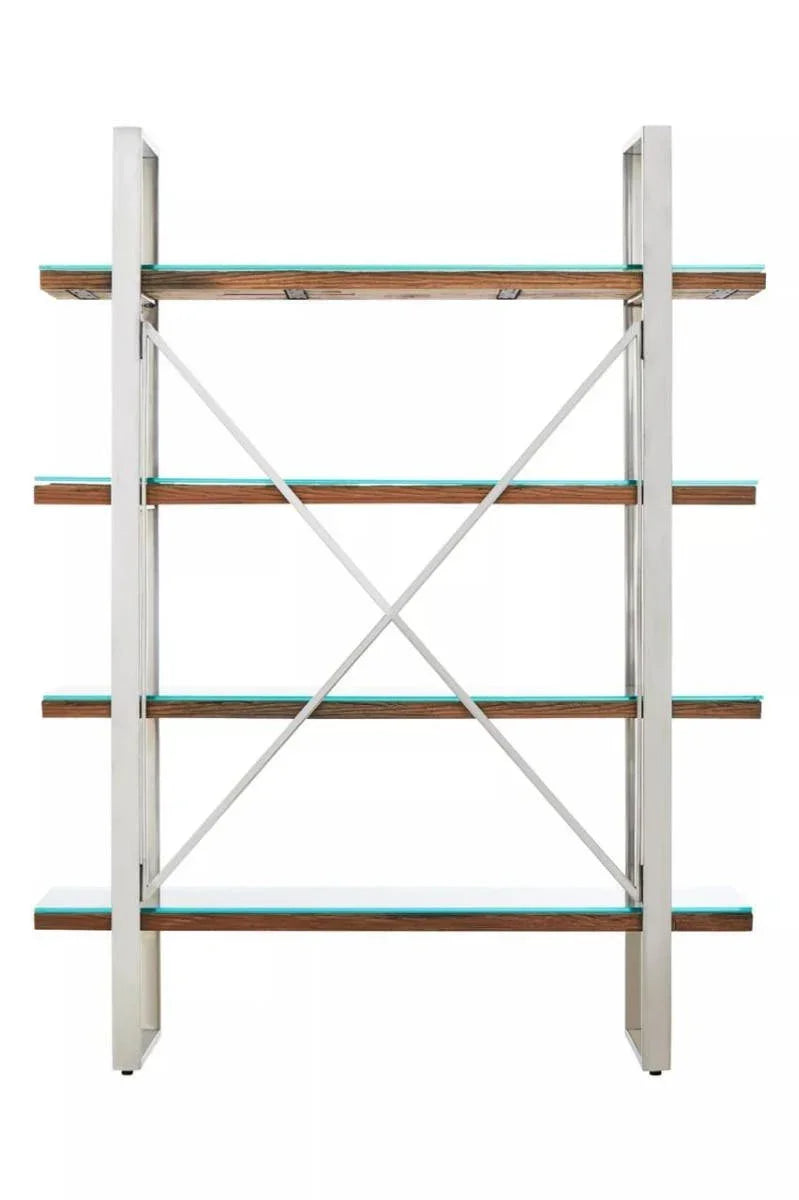 Modern bookcase with glass shelves, metal frame, wood accents and cross back design