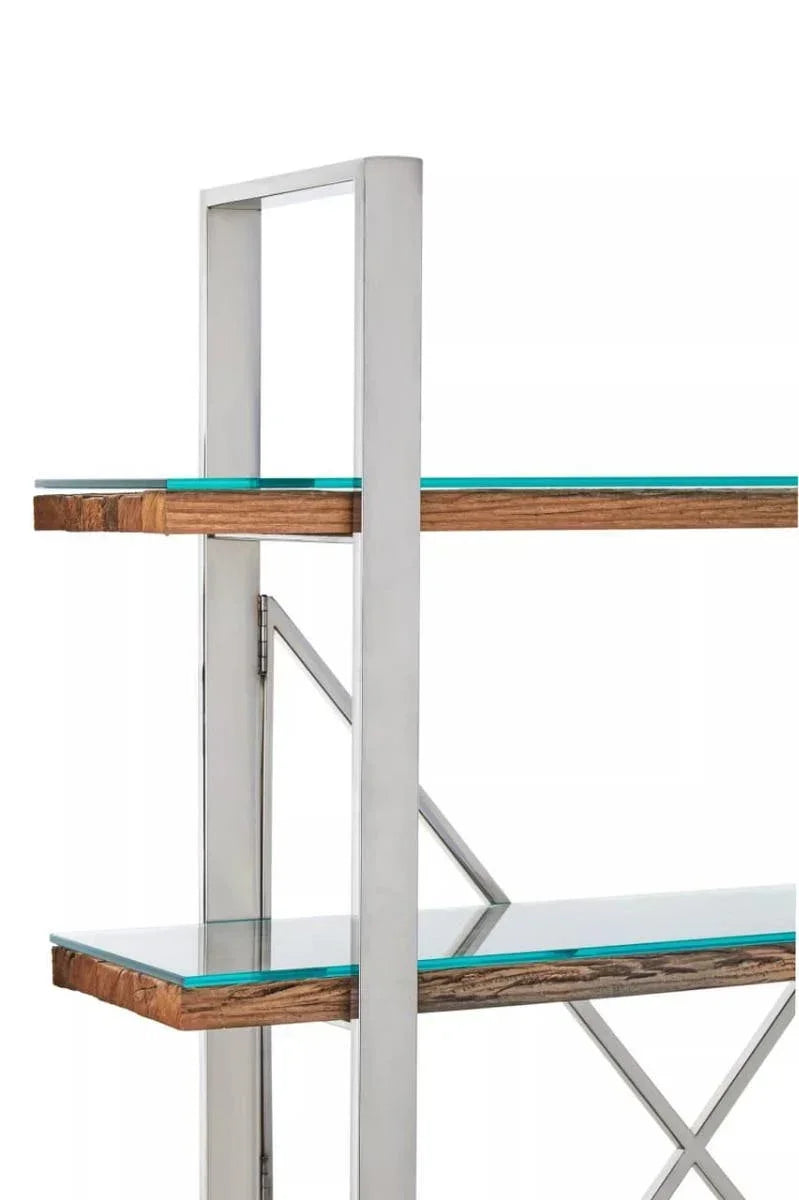 Modern shelving unit with glass shelves, wood accents, and metal frame detail