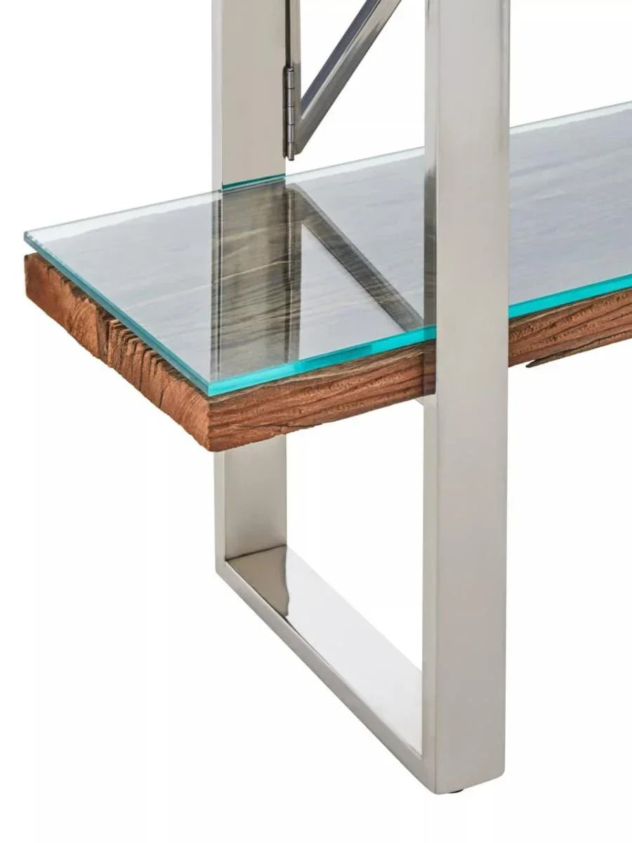Glass and wood shelving unit with chrome metal frame, close-up on shelf corner