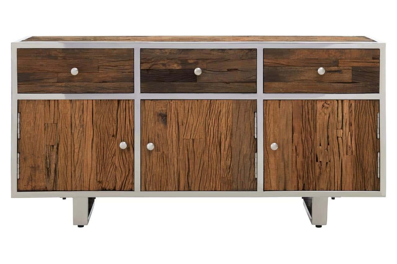 Rustic wood sideboard with metal frame, three drawers and three cabinet doors, front view