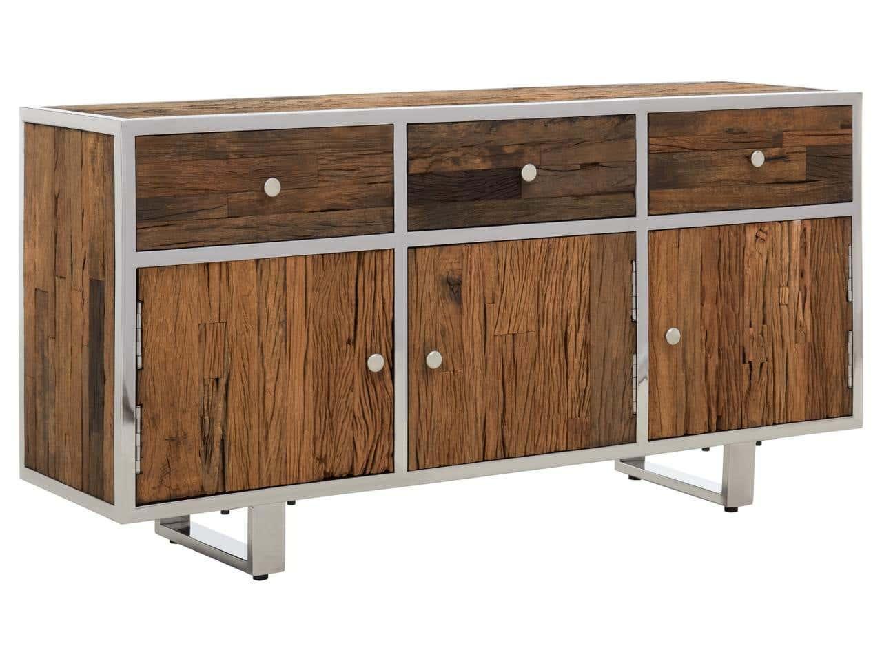Modern sideboard with reclaimed wood doors, metal frame, and three upper drawers