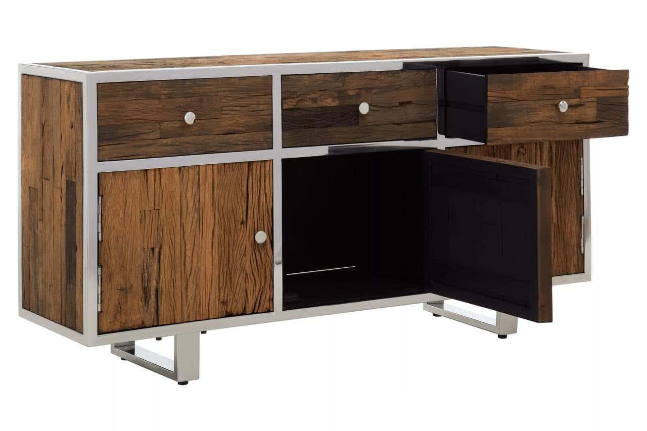 Rustic wood sideboard with metal frame, three drawers, two cupboard doors open