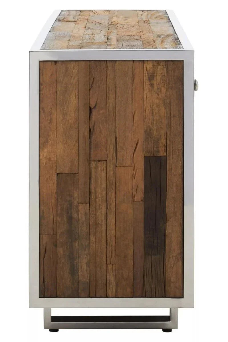 side view of wooden sideboard with metal frame and rustic wood panel finish